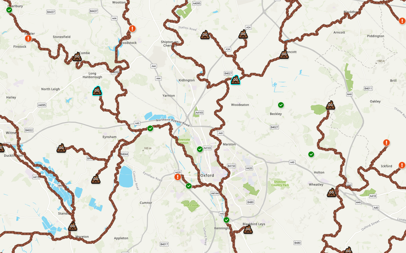 A screenshot of www.sewagemap.co.uk showing sewage polluted rivers near Oxford, UK. This is not an ideal state of affairs!